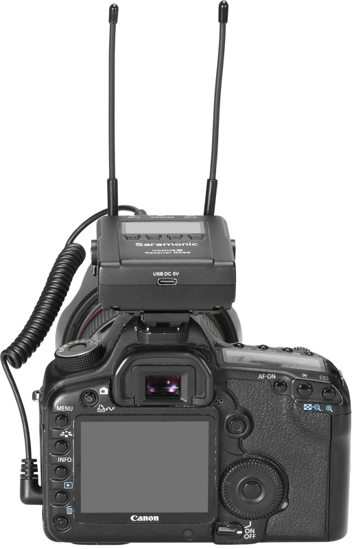 Camera-mounted wireless receiver with two antennas and LCD display for on-location audio