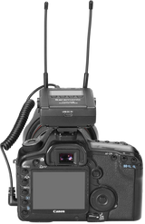 Camera-mounted wireless receiver with two antennas and LCD display for on-location audio