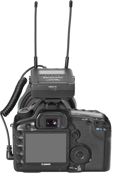 Camera-mounted wireless receiver with two antennas and LCD display for on-location audio