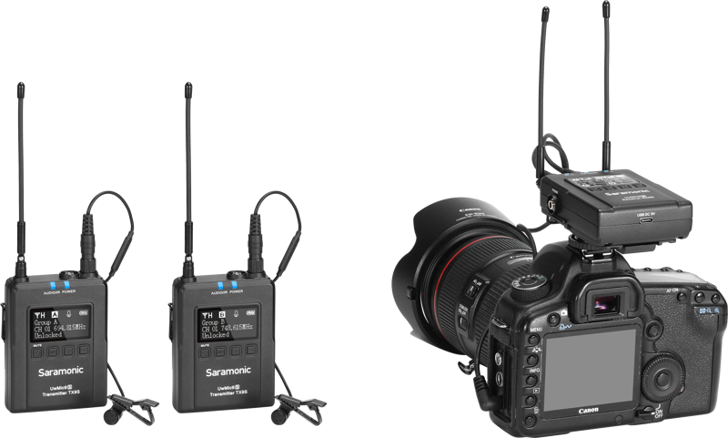 Camera with wireless receiver plus two antennaed transmitters for two-person recording