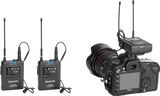 Camera with wireless receiver plus two antennaed transmitters for two-person recording