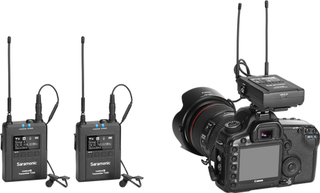 Camera with wireless receiver plus two antennaed transmitters for two-person recording
