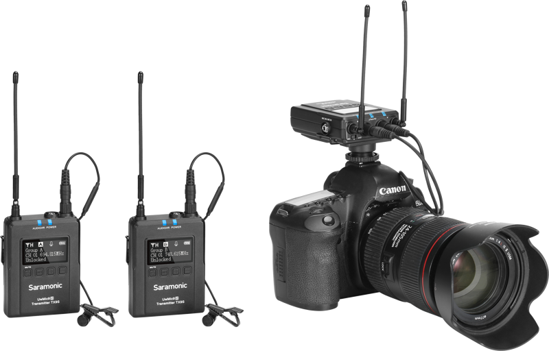 Two wireless transmitters with antennas and camera-mounted receiver for wireless audio