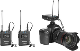 Two wireless transmitters with antennas and camera-mounted receiver for wireless audio