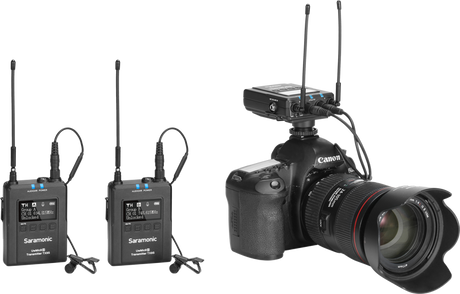 Two wireless transmitters with antennas and camera-mounted receiver for wireless audio