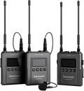 Wireless microphone kit with two receivers, antennas, LCD screens, and foam windscreen