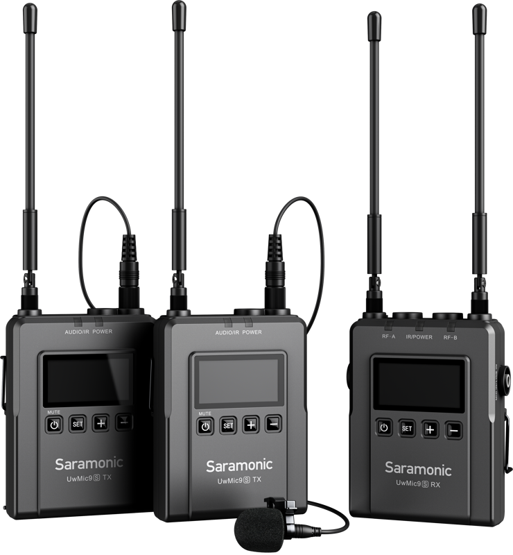 Wireless microphone kit with two receivers, antennas, LCD screens, and foam windscreen