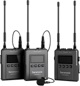 Wireless microphone kit with two receivers, antennas, LCD screens, and foam windscreen