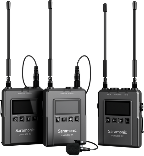 Wireless microphone kit with two receivers, antennas, LCD screens, and foam windscreen
