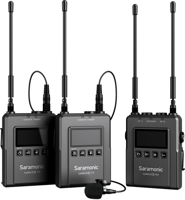 Wireless microphone kit with two receivers, antennas, LCD screens, and foam windscreen