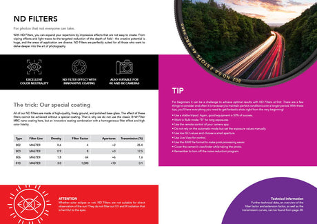 ND filters info sheet for 82mm ND1000: tips, table specs, and usage notes