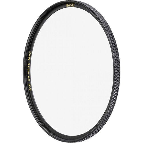B+W Basic 010 UV-Haze MRC photo filter with black textured edge and front text