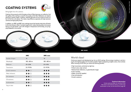 UV-Haze MRC filter coating systems comparison chart with filter and markings