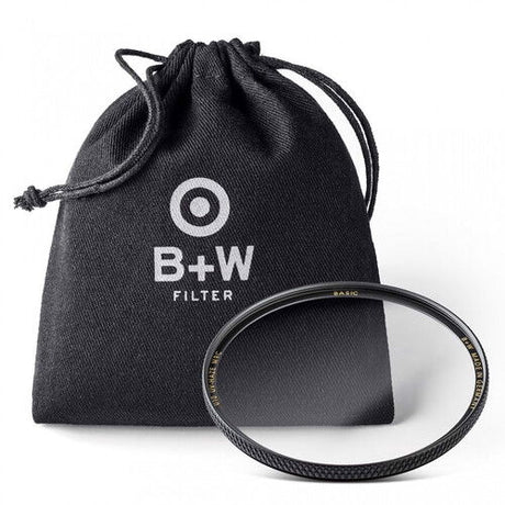 Circular polarizing filter with black drawstring pouch labeled “B+W Filter”