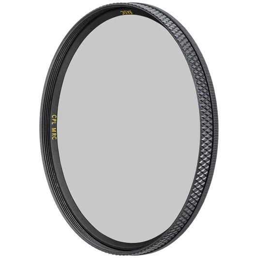 Black polarizing camera lens filter with textured rim, side engraving visible