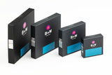 Stack of B+W filter packaging boxes with logo and blue label window
