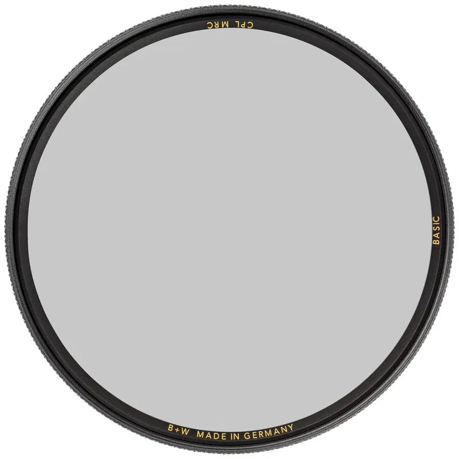Circular polarizing filter front view, gray glass and black textured mounting rim