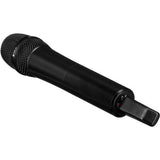Black handheld wireless microphone, angled view with grille head and controls