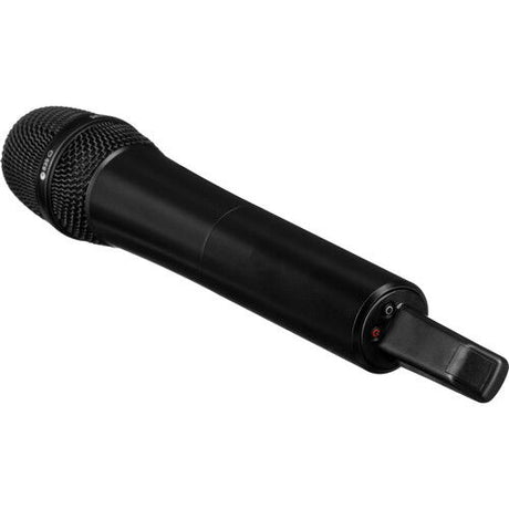 Black handheld wireless microphone, angled view with grille head and controls