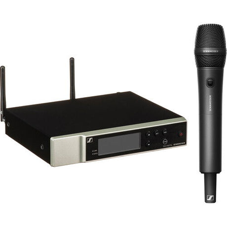 Wireless microphone set: handheld mic with black receiver unit and antennas