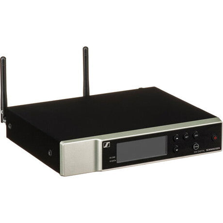 Black wireless receiver unit with LCD screen, buttons, and two antennas