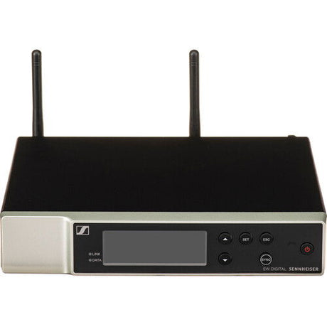 Wireless receiver front view with LCD display and control buttons, two antennas