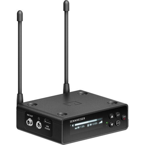 Receptor microfon wireless negru cu ecran, butoane și 2 antene