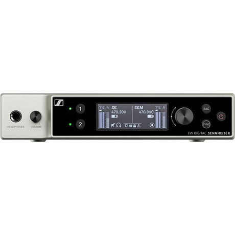 Wireless receiver unit with display screen, volume knob, and headphone output