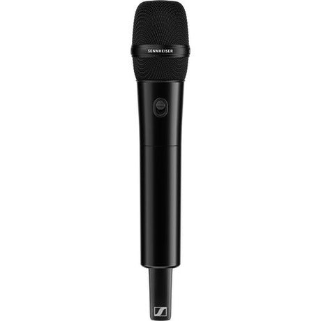 Black wireless handheld microphone with mesh head and on-body control symbol