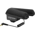 Black stereo shotgun microphone with 3.5mm audio cable and foam windscreen