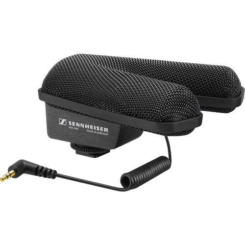 Black stereo shotgun microphone with 3.5mm audio cable and foam windscreen