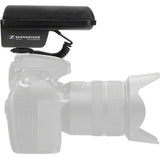 Black stereo shotgun microphone mounted on camera with foam windscreen
