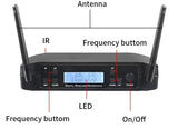 Wireless mic receiver front controls with LCD display, LED, frequency buttons, and power