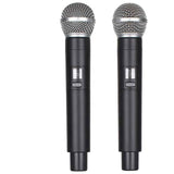 Two wireless handheld microphones with silver mesh grille and black handle bodies