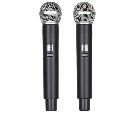 Two wireless handheld microphones with silver mesh grille and black handle bodies