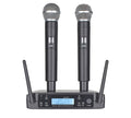 Dual wireless handheld microphones set with two metal mesh heads and black bodies