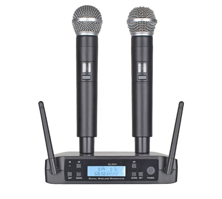 Dual wireless handheld microphones set with two metal mesh heads and black bodies