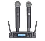 Dual wireless handheld microphones set with two metal mesh heads and black bodies