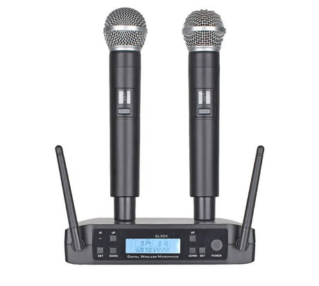 Dual wireless handheld microphones set with two metal mesh heads and black bodies