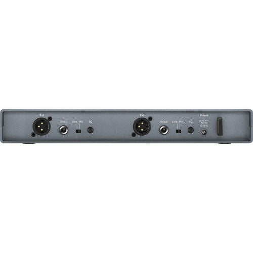 Wireless receiver rear panel with two mic connectors, audio outputs, and power switch