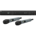 Dual handheld wireless microphones with mesh heads and small display windows