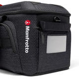 Geantă Manfrotto Cineloader medie, material texturat negru cu logo lateral și buzunar.