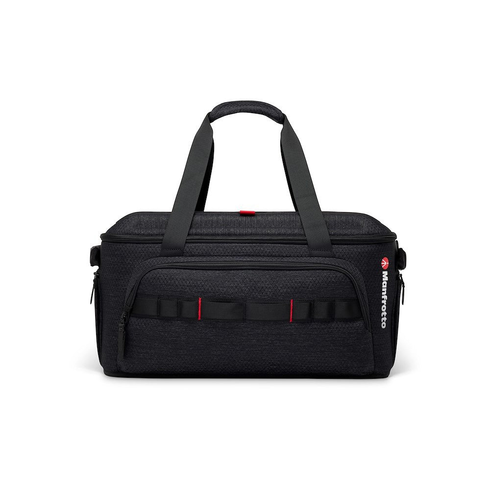 Geantă Manfrotto Cineloader medie neagră, cu mânere și inserții roșii.