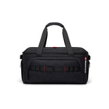 Geantă Manfrotto Cineloader medie neagră, cu mânere și inserții roșii.