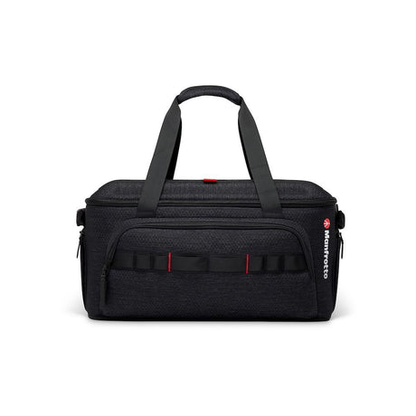 Geantă Manfrotto Cineloader medie neagră, cu mânere și inserții roșii.