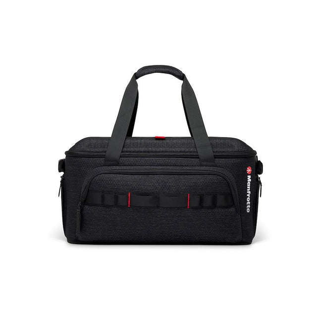 Geantă Manfrotto Cineloader medie neagră, cu mânere și inserții roșii.