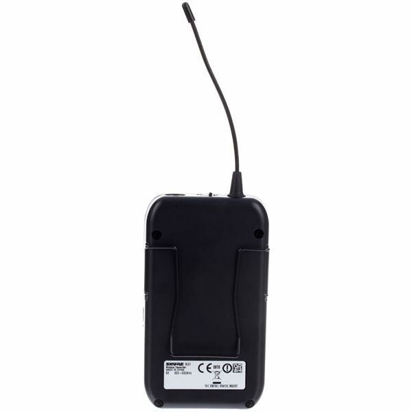 Wireless bodypack transmitter rear view with label and connection details