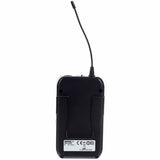 Wireless bodypack transmitter rear view with label and connection details