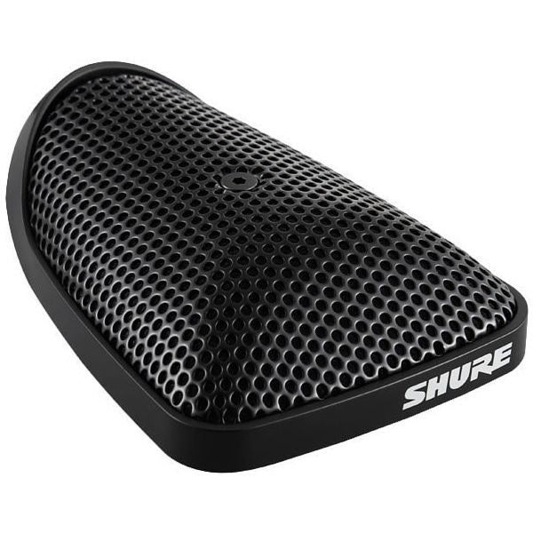 Black tabletop conference microphone head with circular mesh grille, close-up view