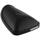 Black tabletop conference microphone head with circular mesh grille, close-up view